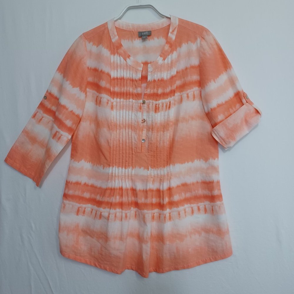 J Jill Top Coral White Print Roll Tab Sleeve Tunic Blouse Womens X Small